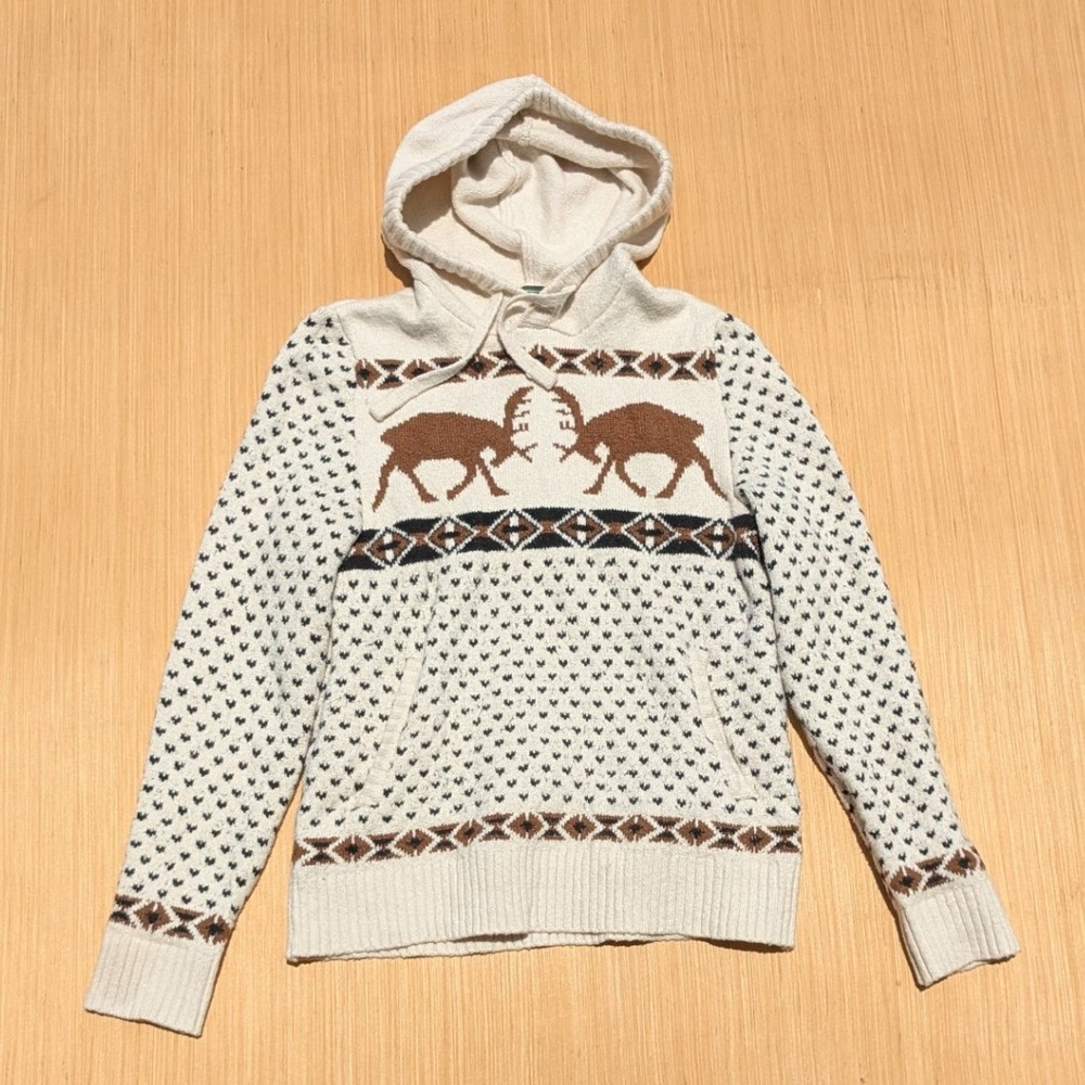 American Eagle Men's Elk Moose Fair Isle Print Pullover Hooded Sweater Medium